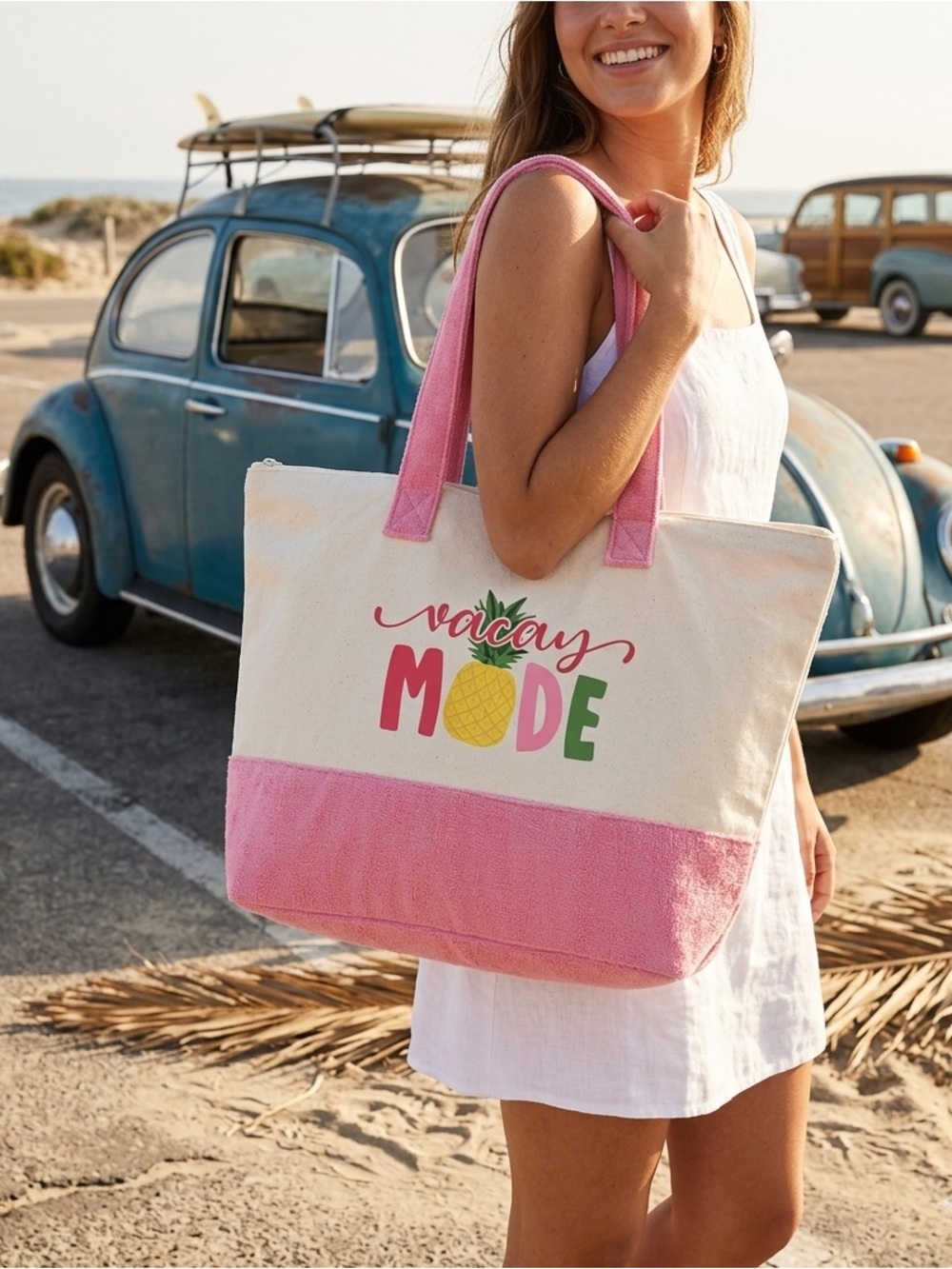 Vacay Mode Pink & Cream Tote Bag